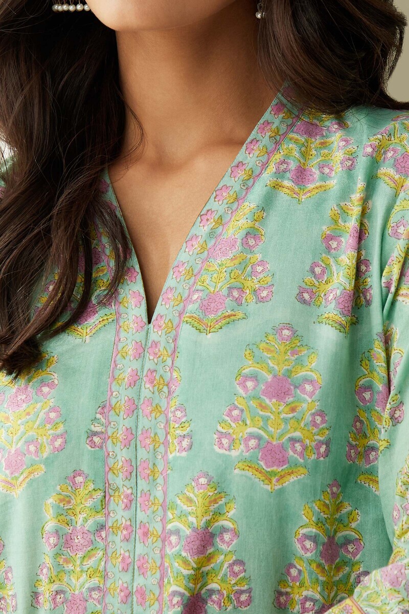 Green Hand Block-Printed Straight Cotton Kurta
