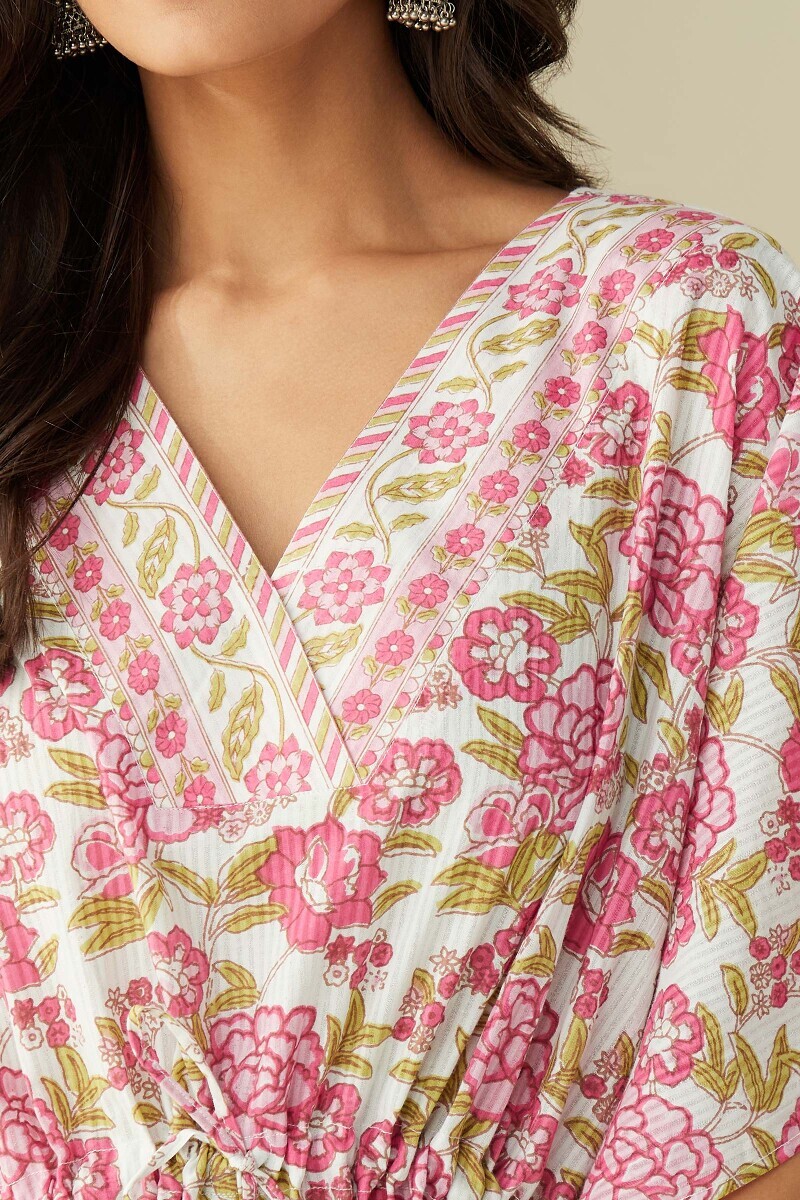 White Hand Printed Cotton Dobby Kaftan