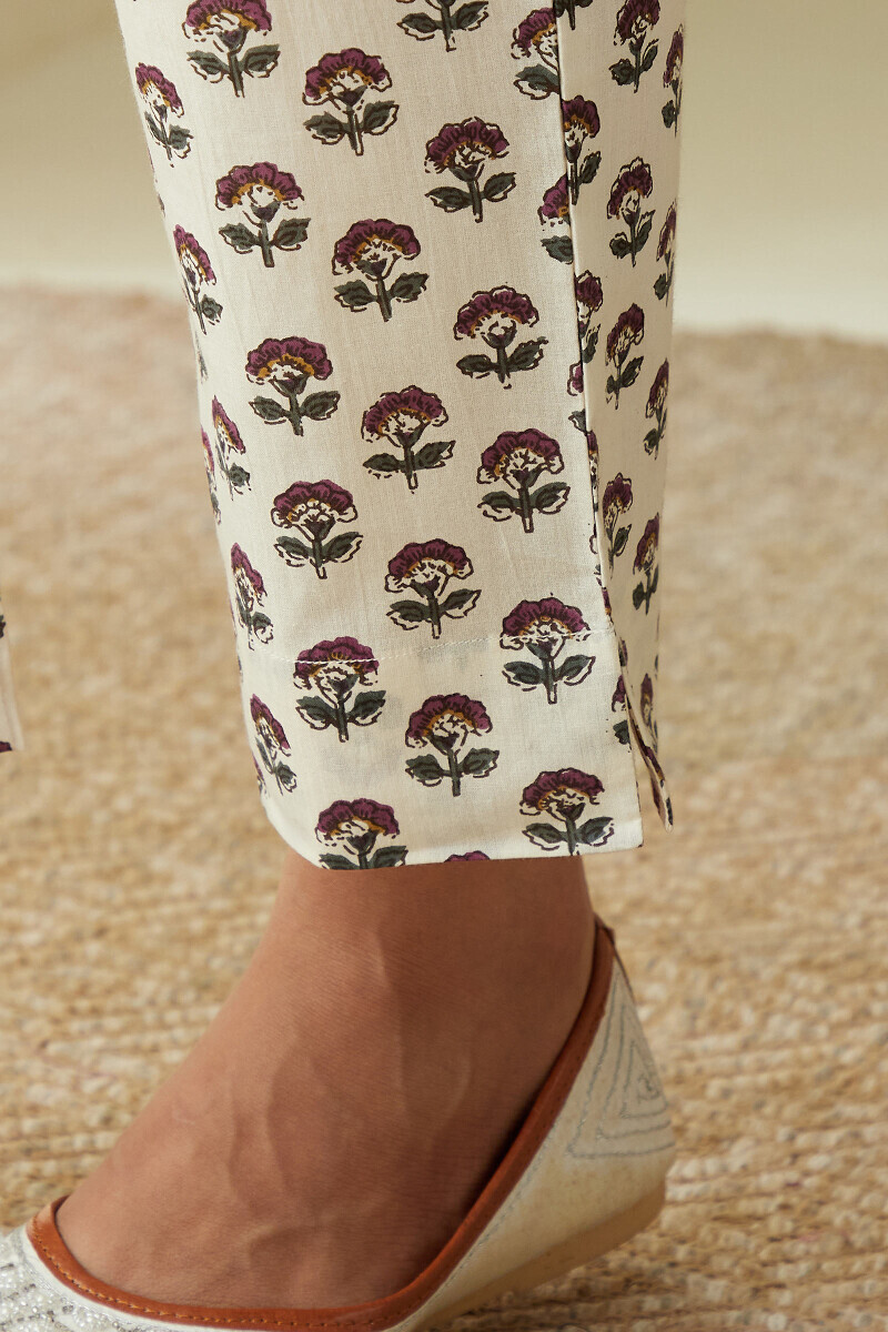 Cream Hand Printed Cotton Narrow Pants