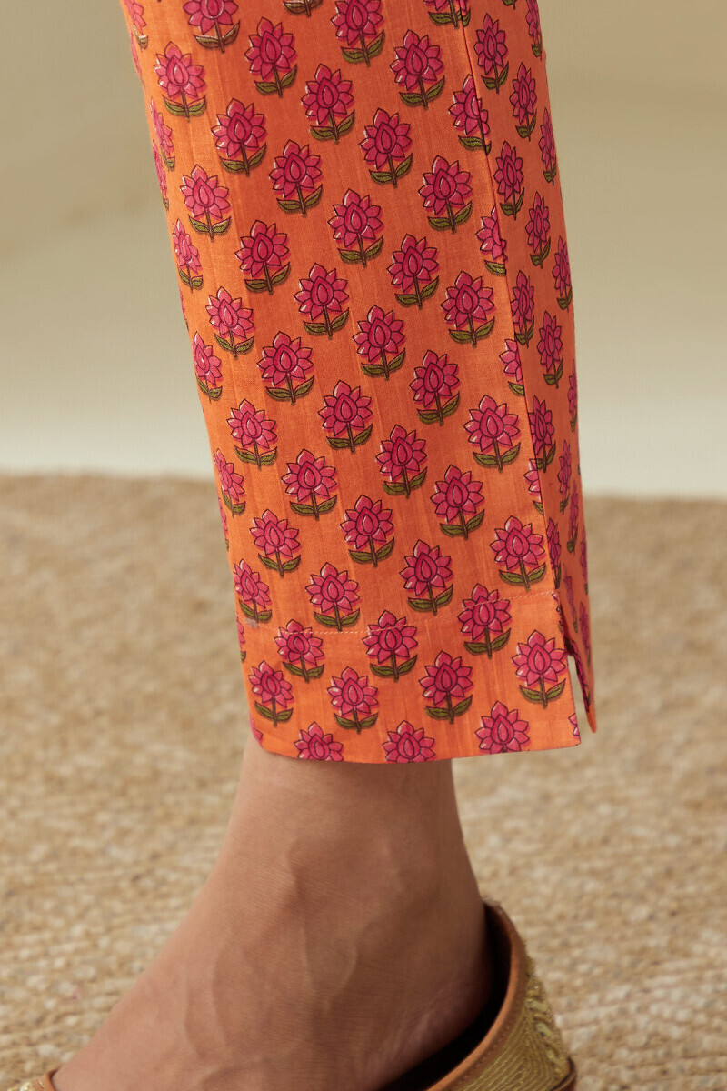 Orange Hand Printed Cotton Narrow Pants