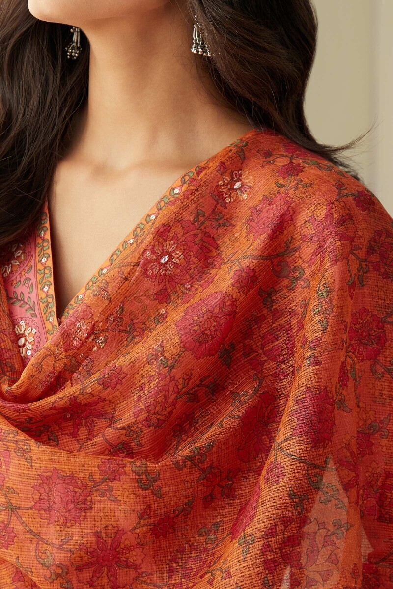 Orange Hand Printed Kota Dupatta