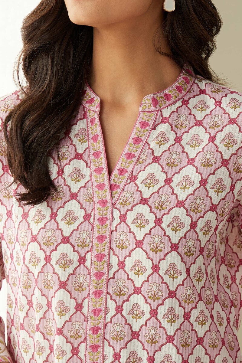 White Hand Printed Straight Cotton Dobby Loungewear Set