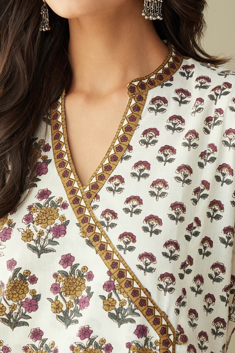 Cream Hand Printed Angrakha Cotton Kurta