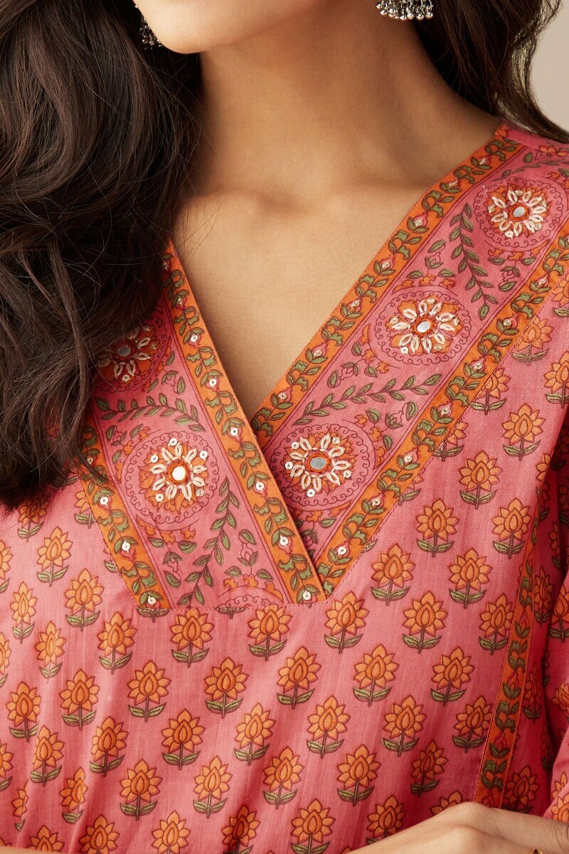 Pink Hand Printed Straight Cotton Kurta