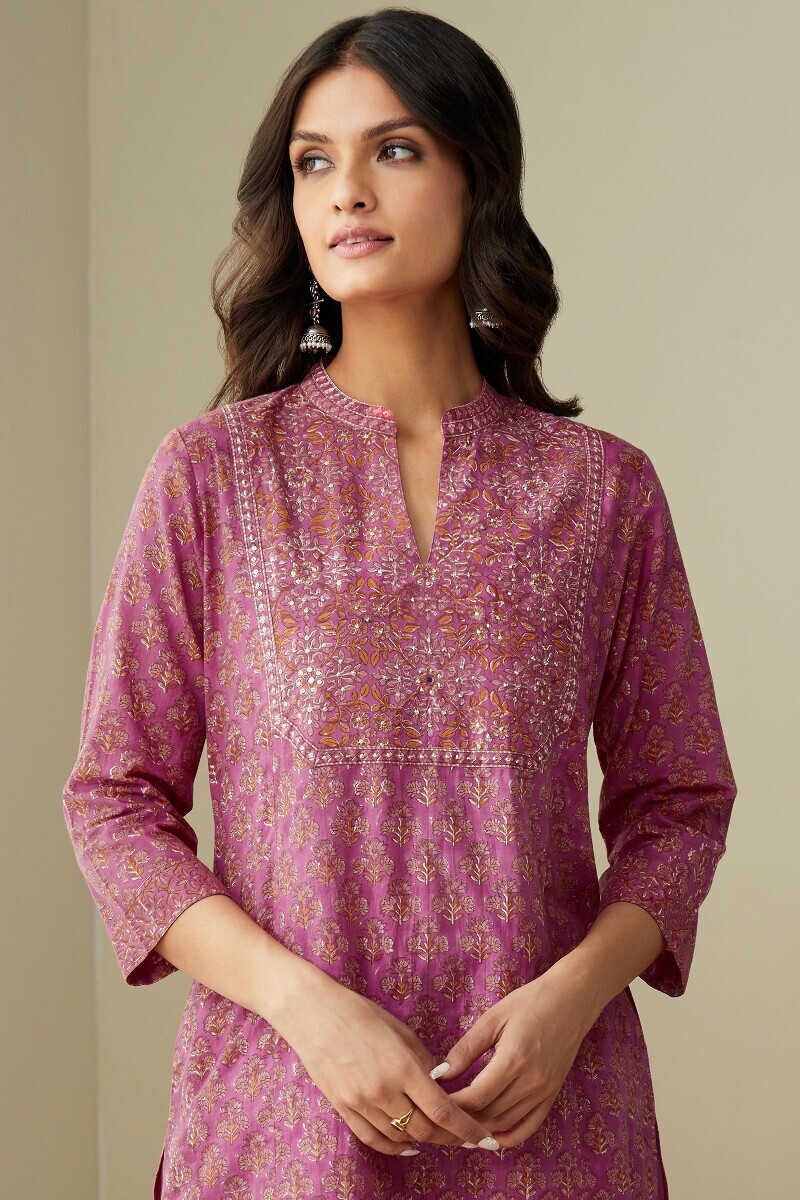 Purple Hand Block-Printed Straight Cotton Kurta