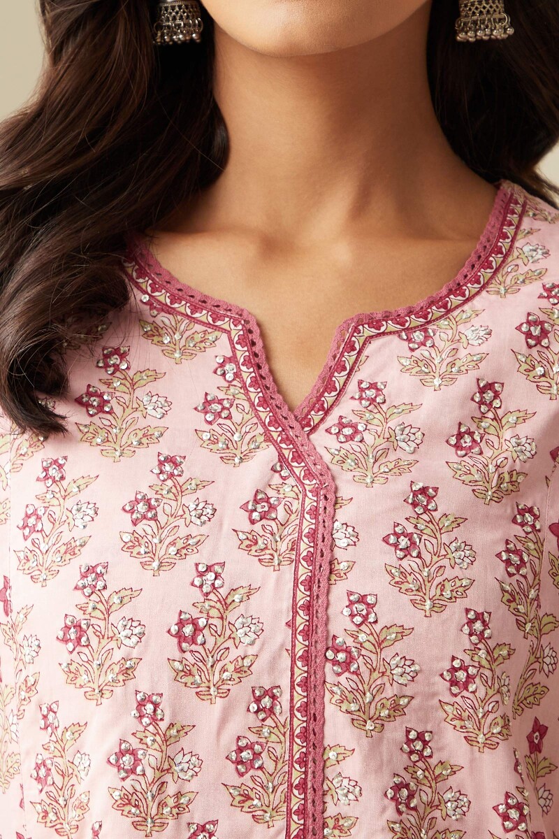 Pink Hand Printed Straight Viscose Kurta