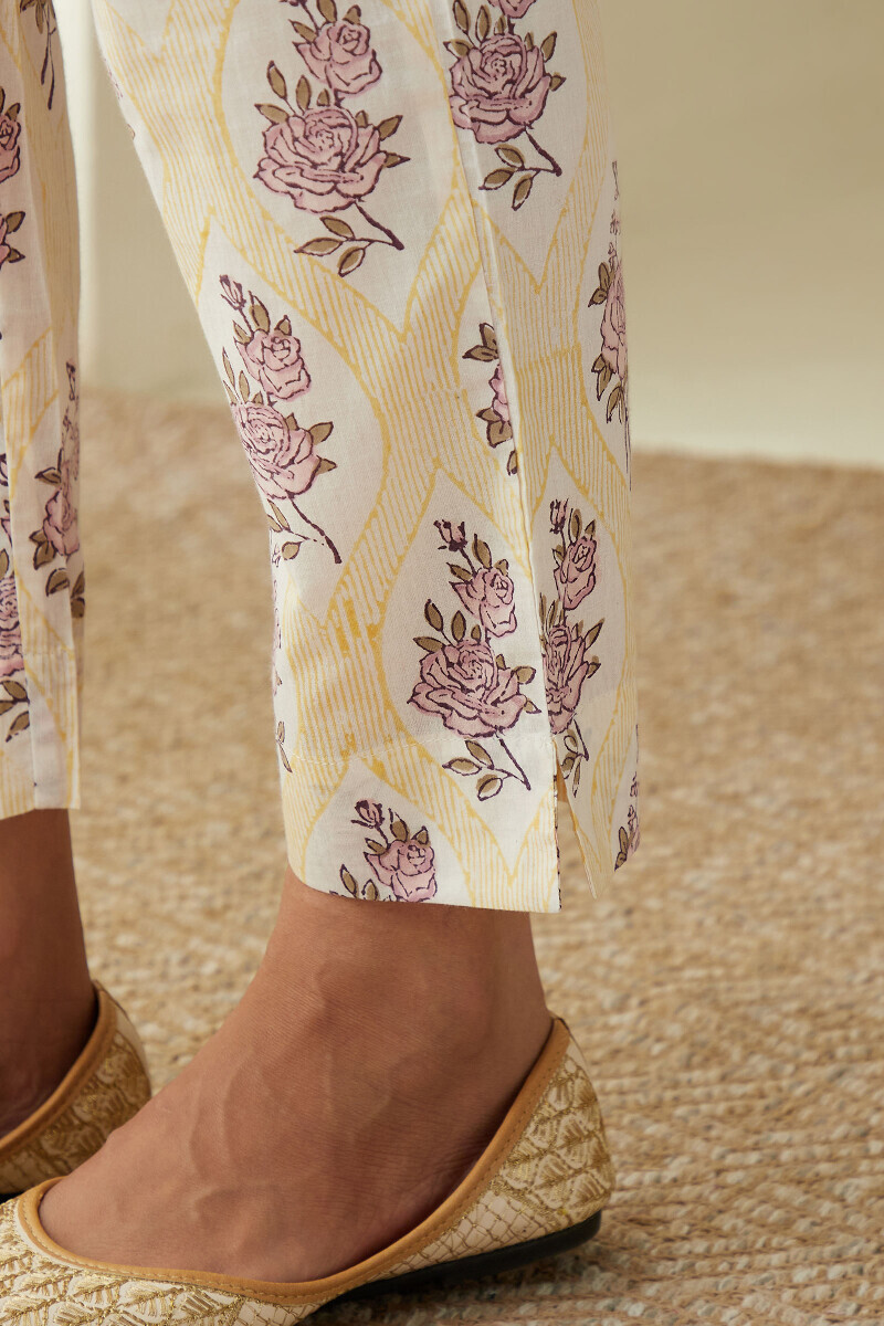 Yellow Hand Block-Printed Cotton Narrow Pants