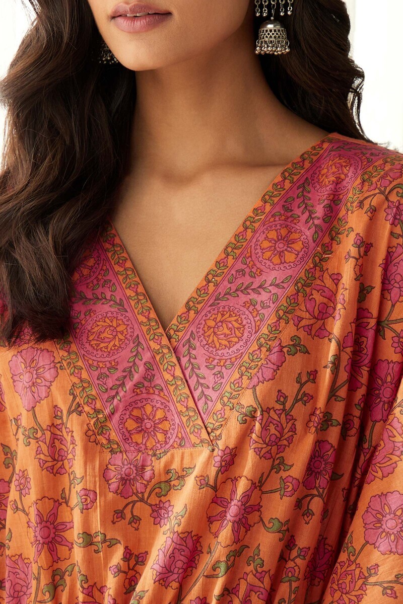 Orange Hand Printed Cotton Mul Kaftan