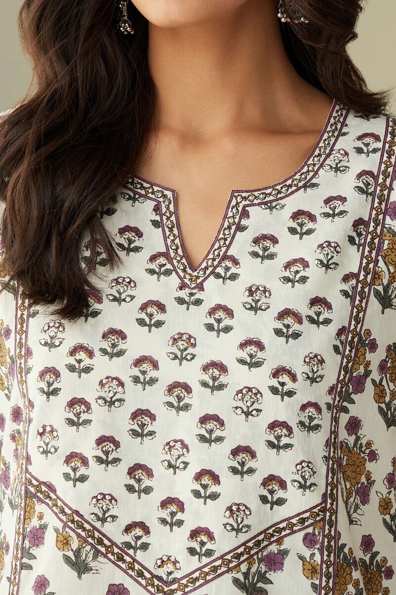 Cream Hand Printed Straight Cotton Kurta