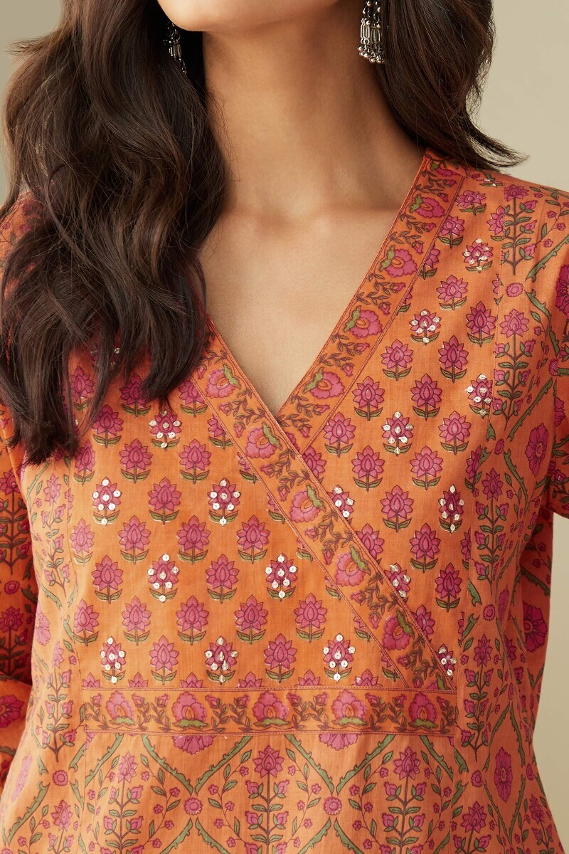 Orange Hand Printed Straight Cotton Kurta
