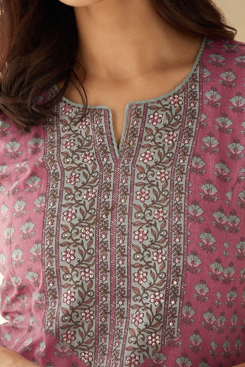 Pink Hand Printed Straight Cotton Kurta