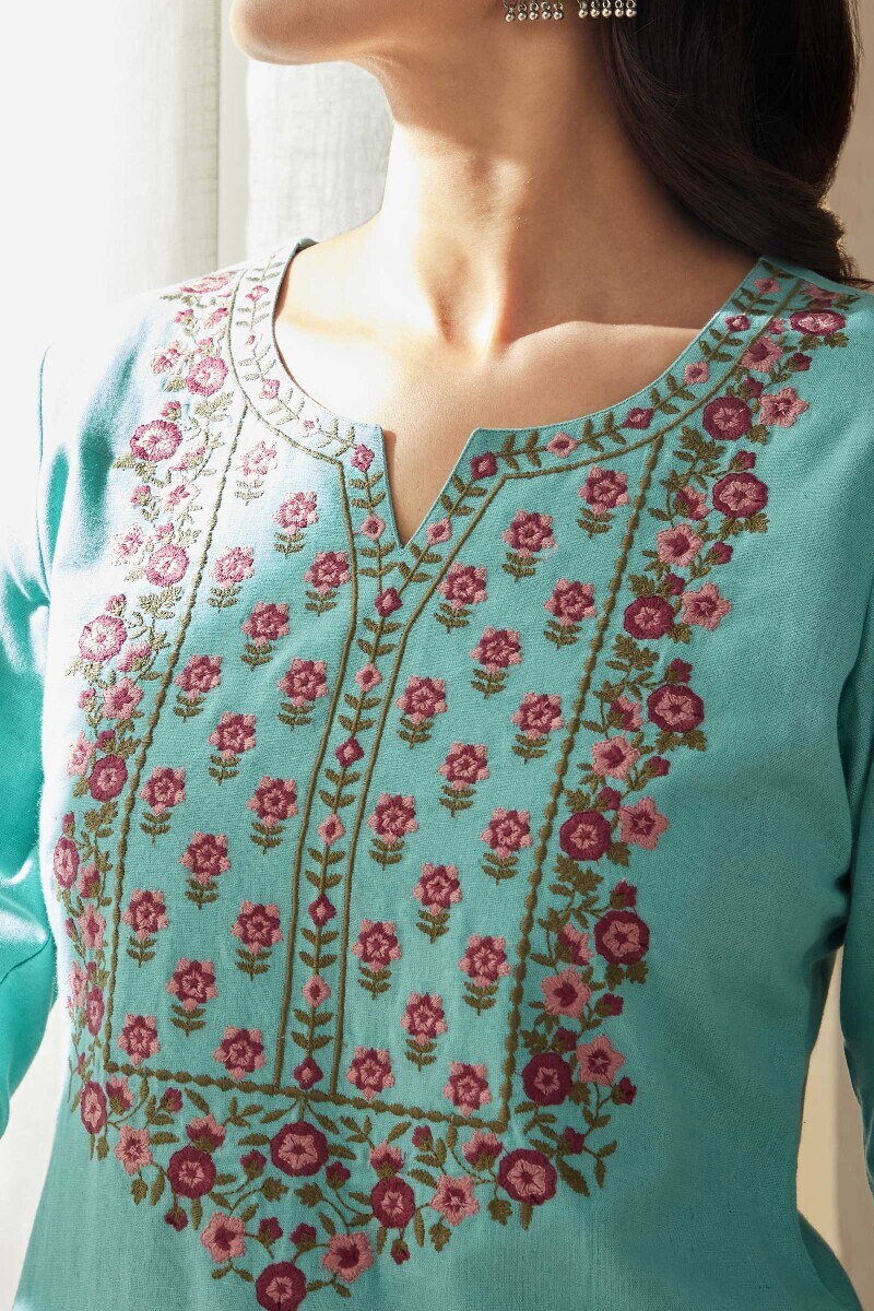 Blue Handcrafted Straight Cotton Flax Kurta