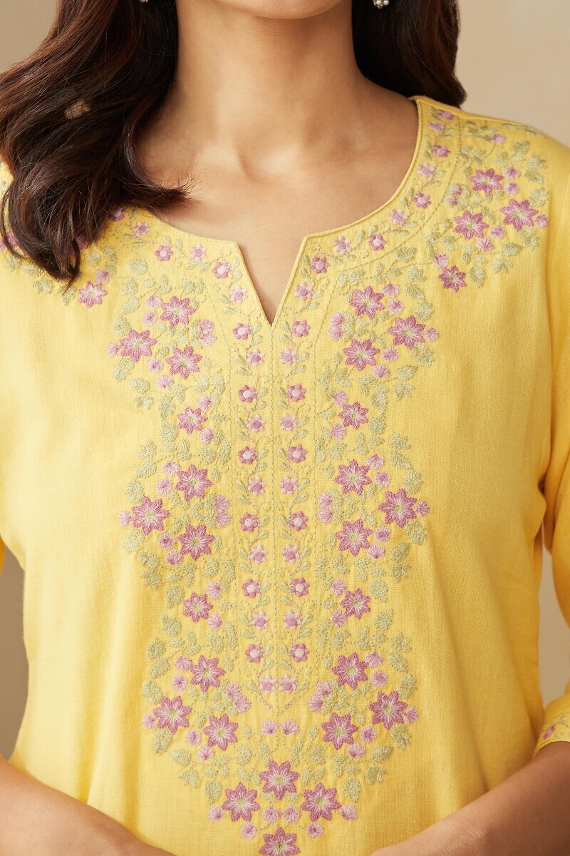 Yellow Handcrafted Straight Cotton Flax Kurta