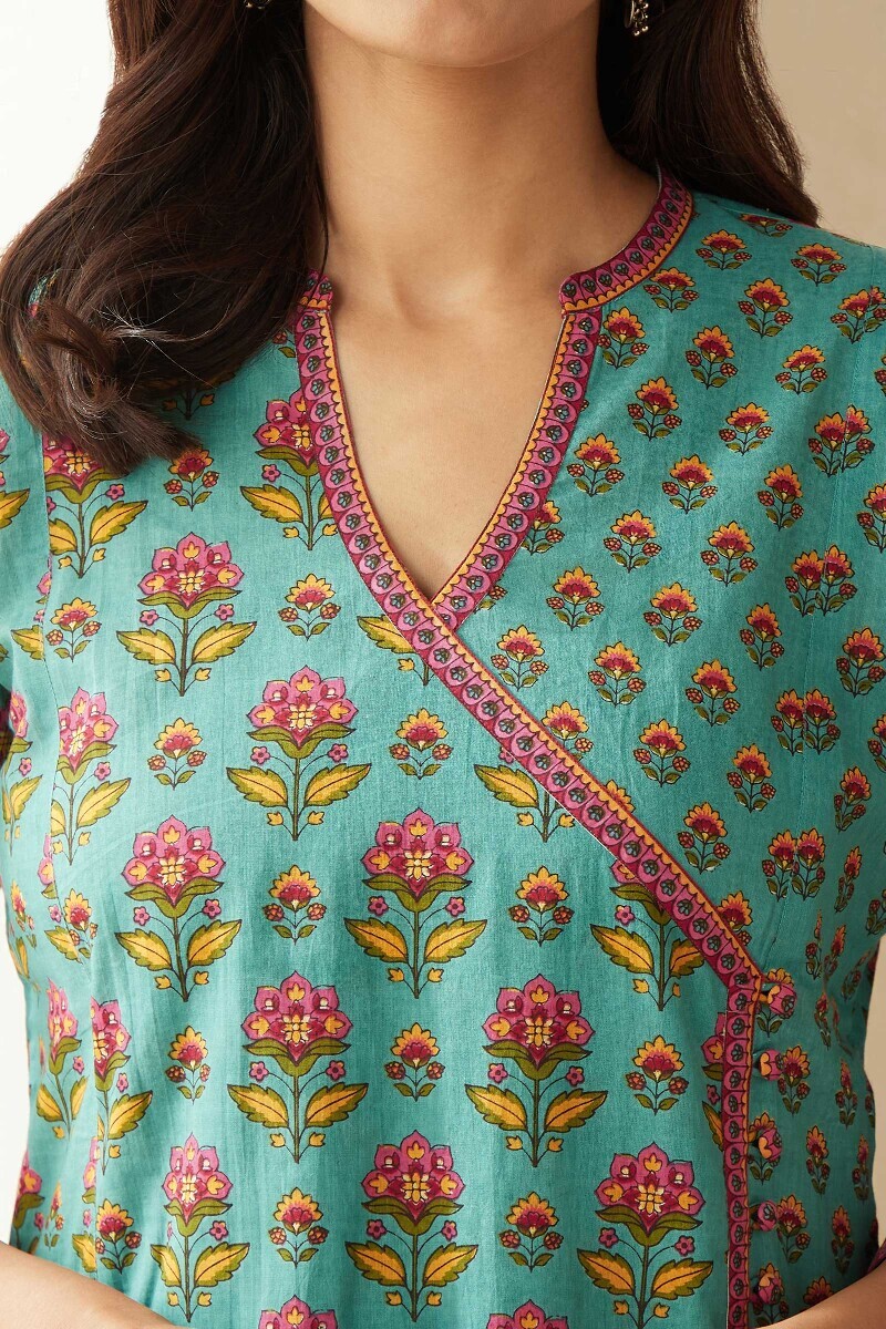 Blue Hand Printed Angrakha Cotton Kurta