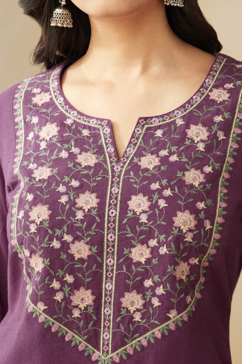 Dark Purple Handcrafted Straight Cotton Flax Kurta