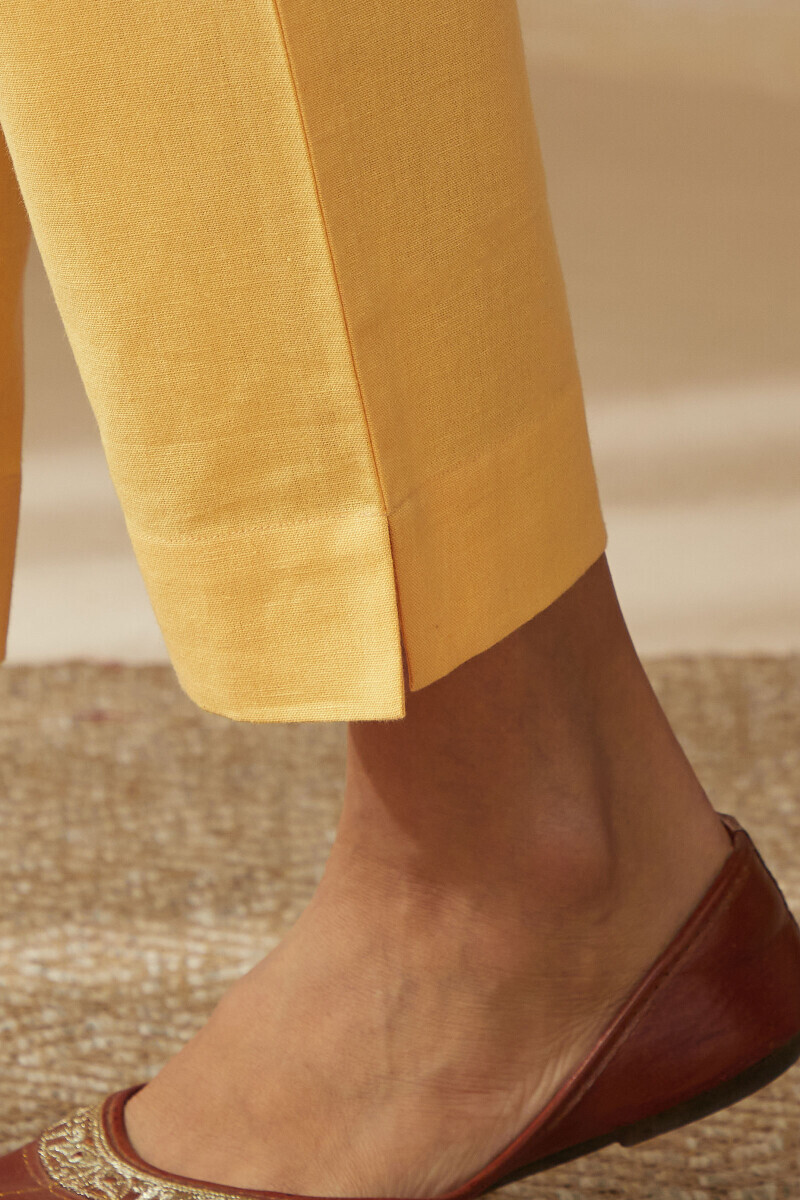 Yellow Handcrafted Cotton Flax Narrow Pants