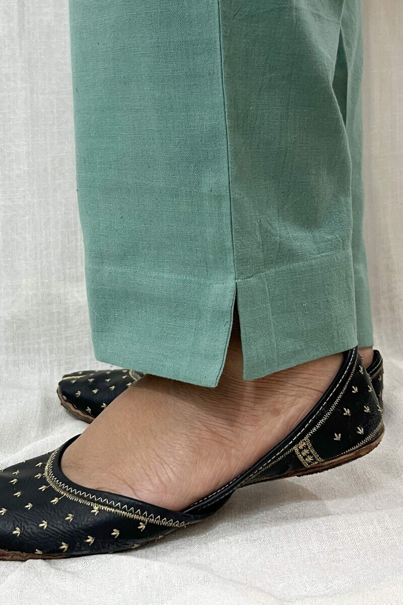 Green Handcrafted Cotton Flax Narrow Pants