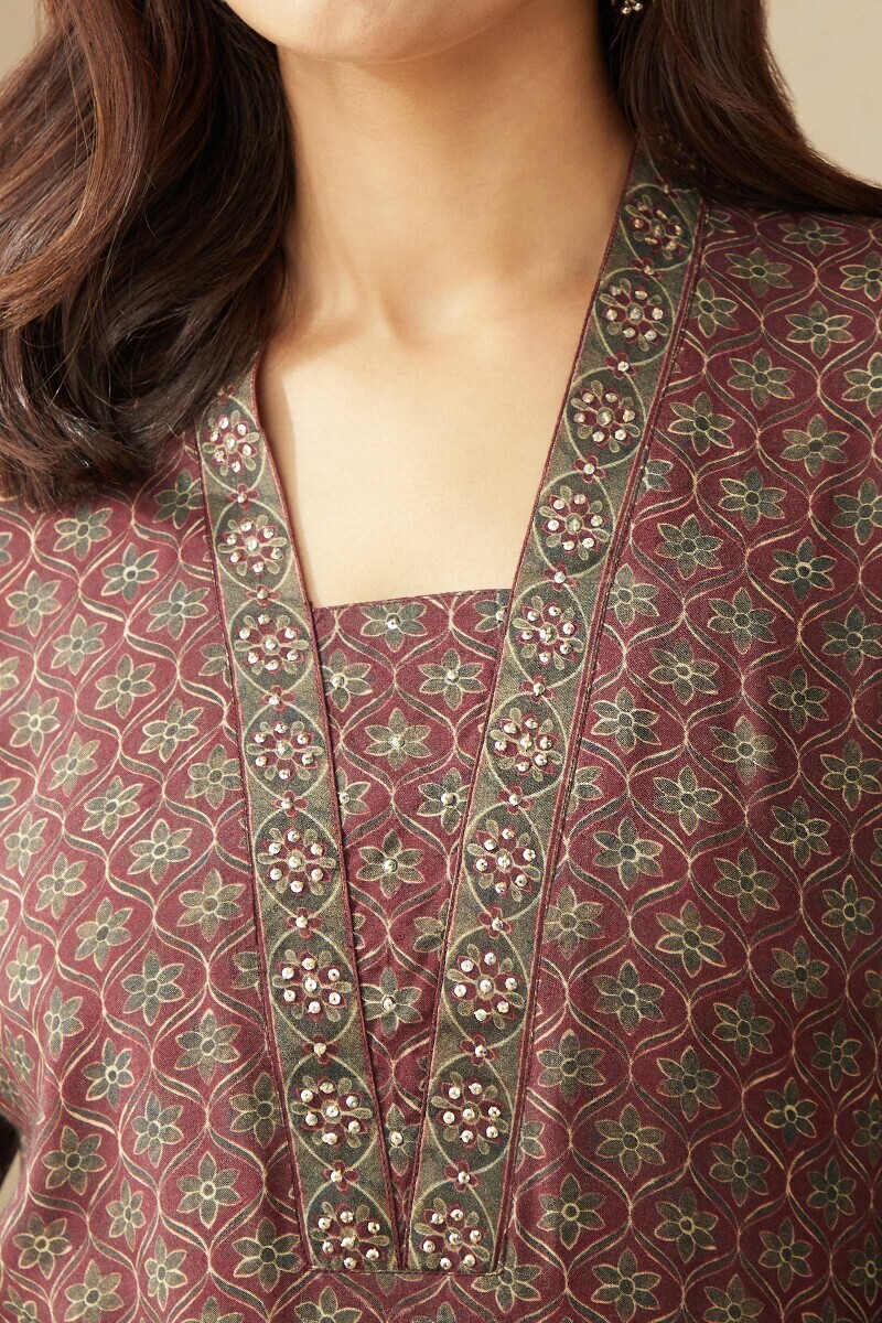 Maroon Printed Straight Viscose Kurta