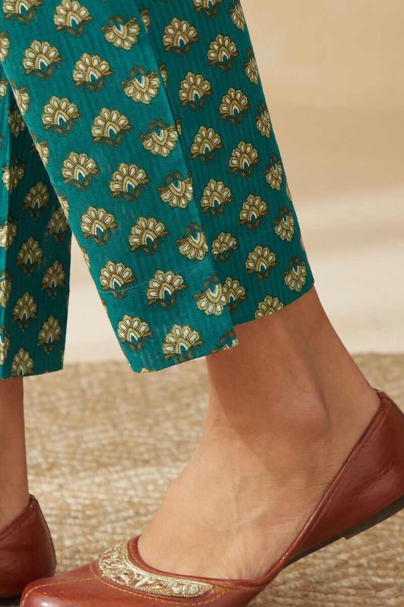 Teal Hand Printed Cotton Dobby Narrow Pants