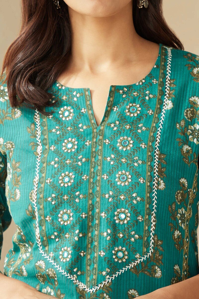 Teal Hand Printed Straight Cotton Dobby Kurta