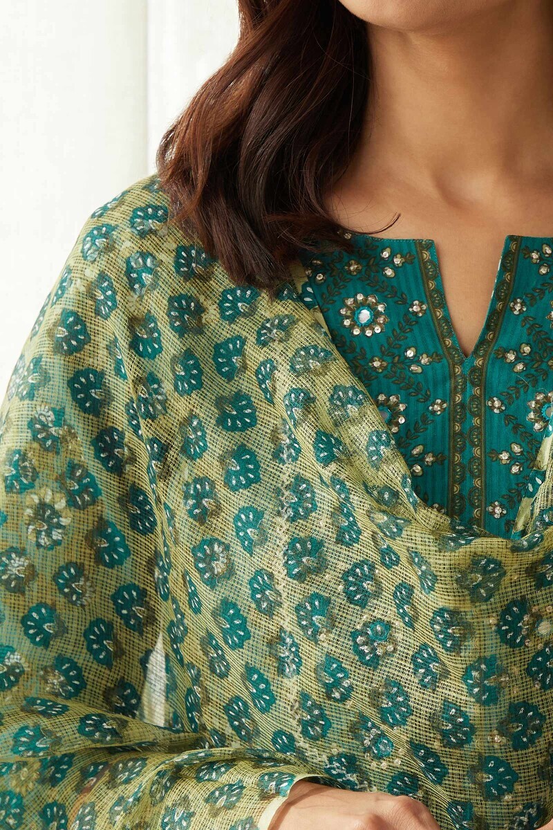 Green Hand Printed Kota Dupatta