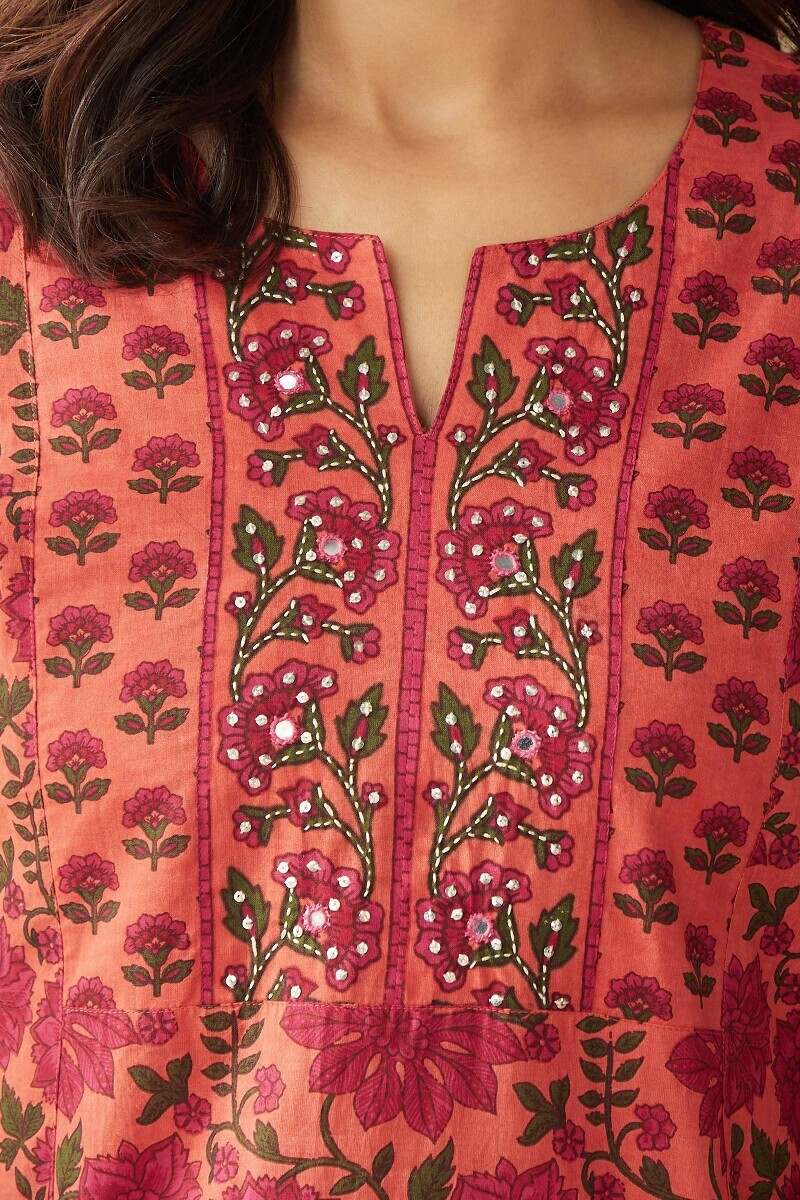 Orange Hand Printed Straight Cotton Kurta