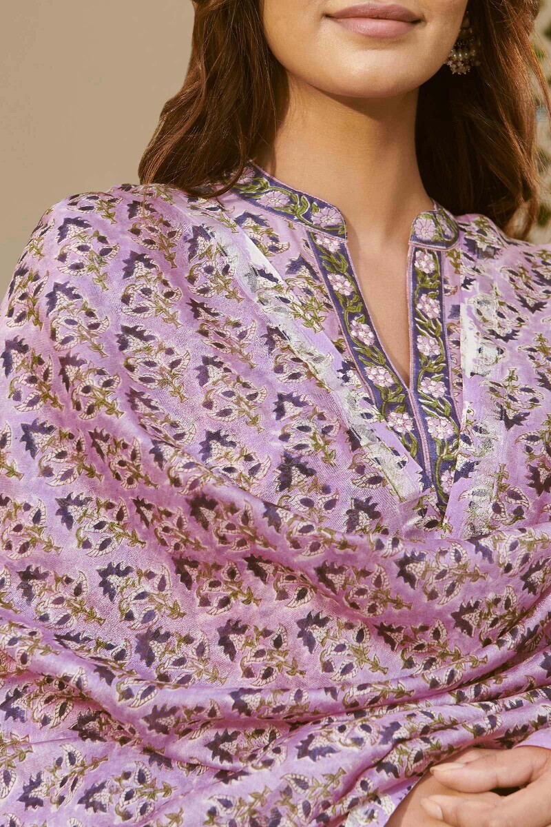 Purple Hand Block-Printed Chanderi Dupatta