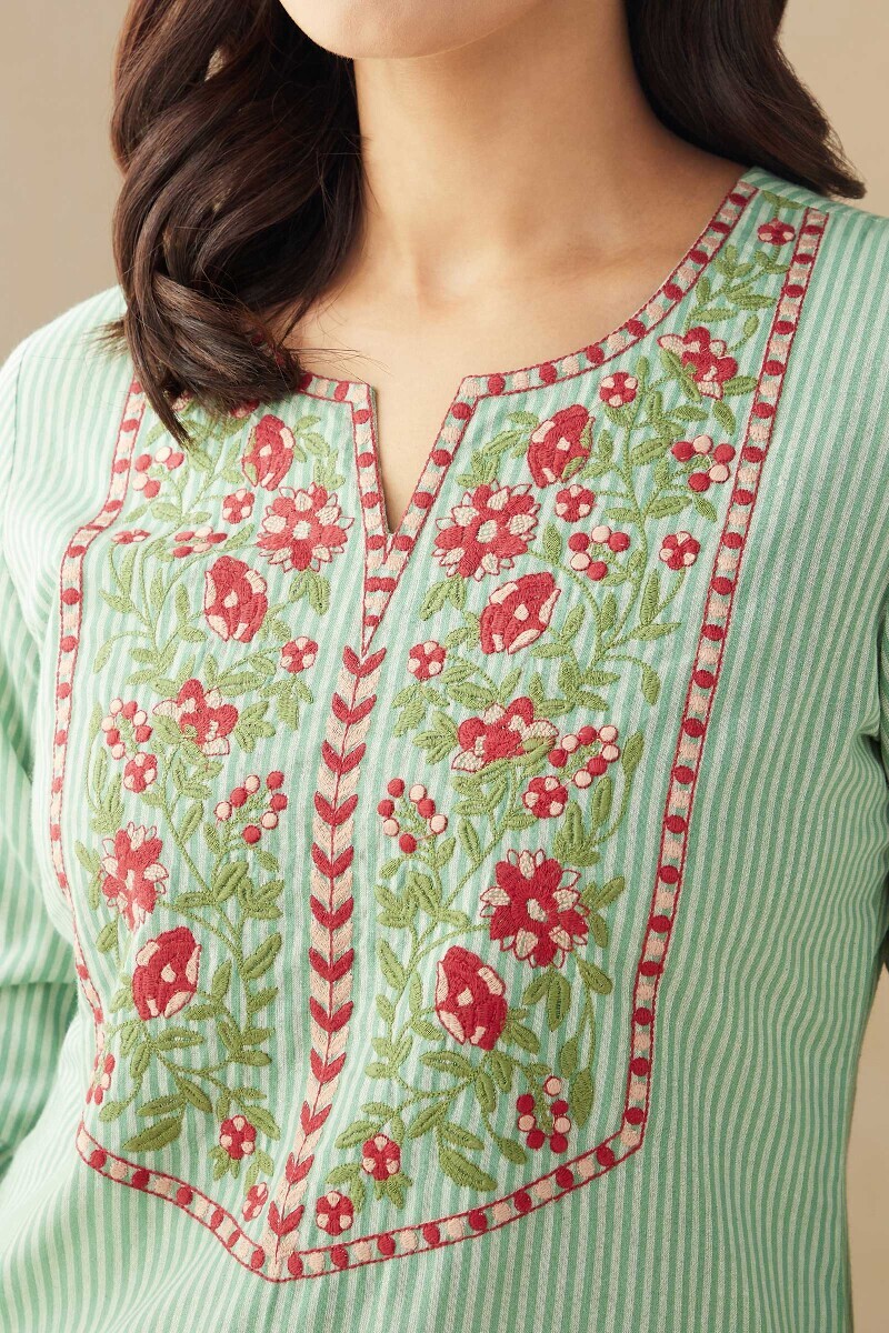 Green Handcrafted Straight Cotton Kurta