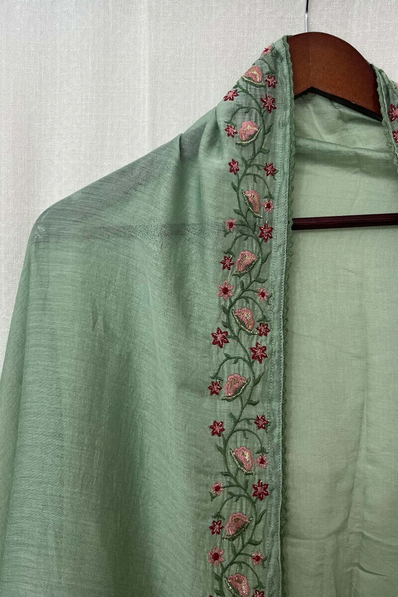 Green Handcrafted Cotton Silk Dupatta