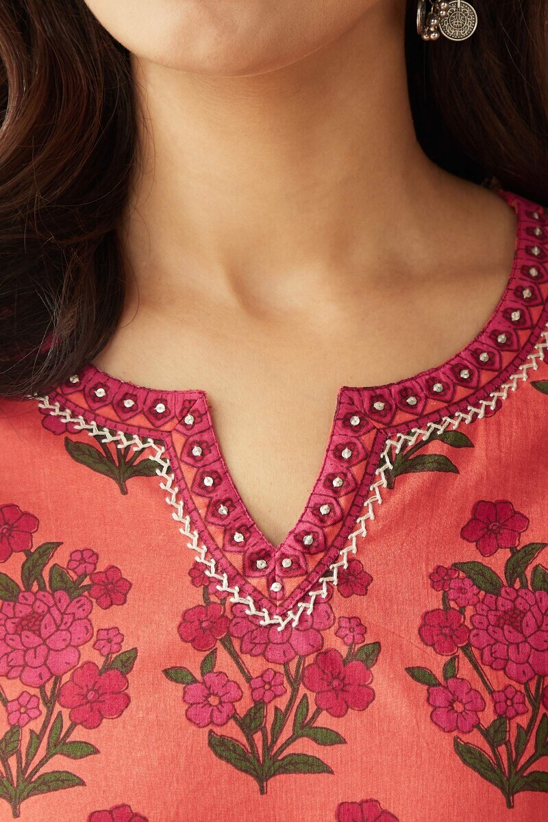 Orange Hand Printed Straight Cotton Kurta
