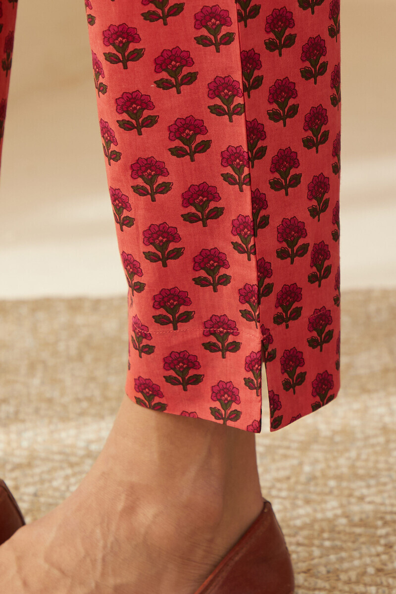 Orange Hand Printed Cotton Narrow Pants