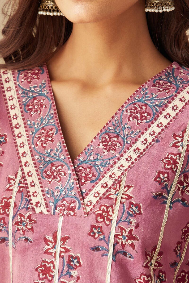 Purple Hand Block-Printed Straight Cotton Kurta