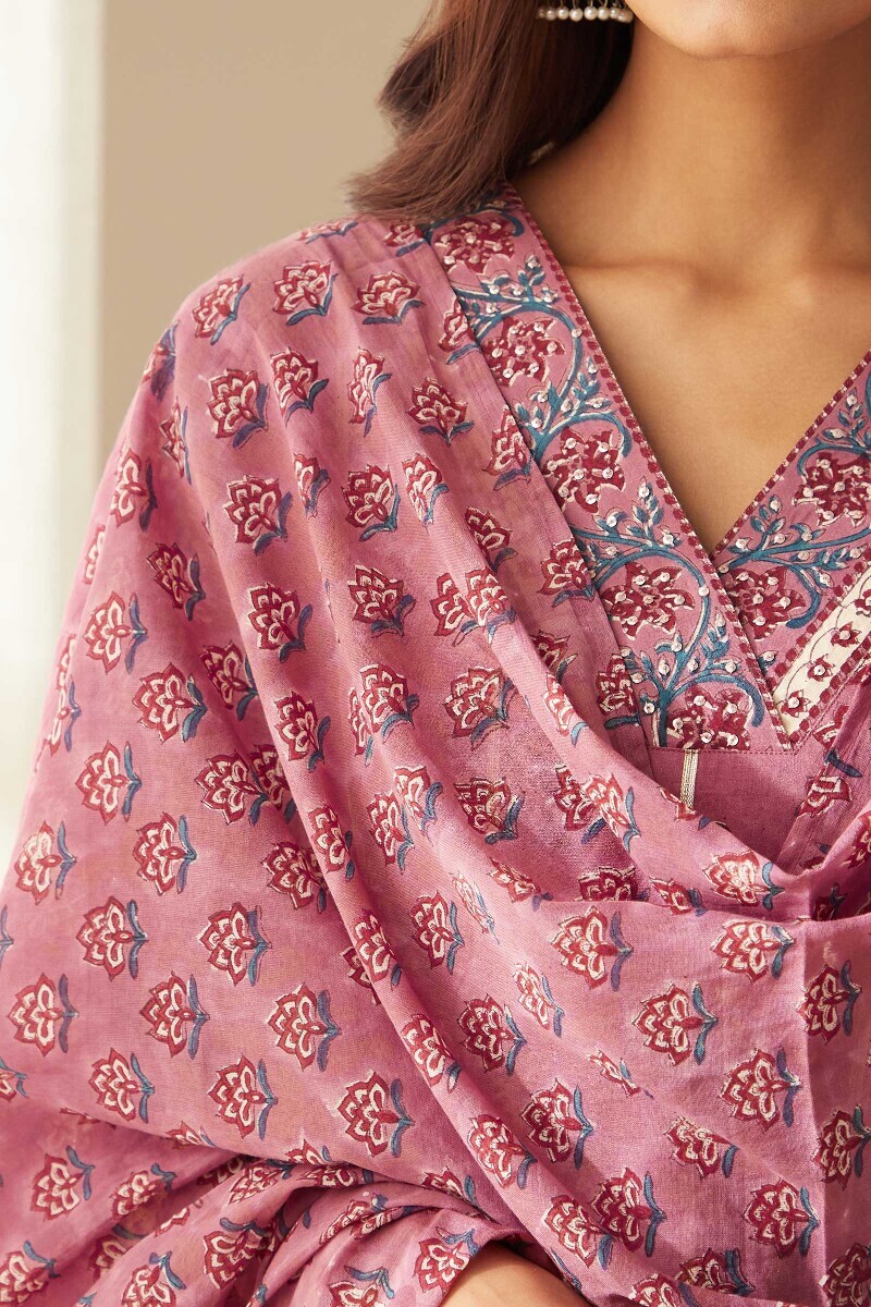 Purple Hand Block-Printed Cotton Mul Dupatta