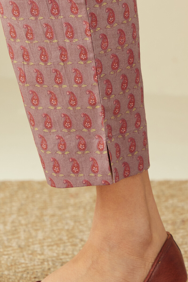 Mauve Hand Printed Cotton Narrow Pants