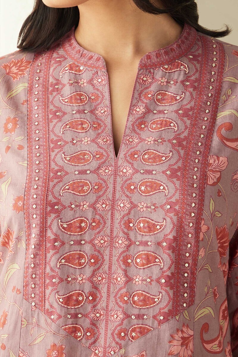 Mauve Hand Printed Straight Cotton Kurta