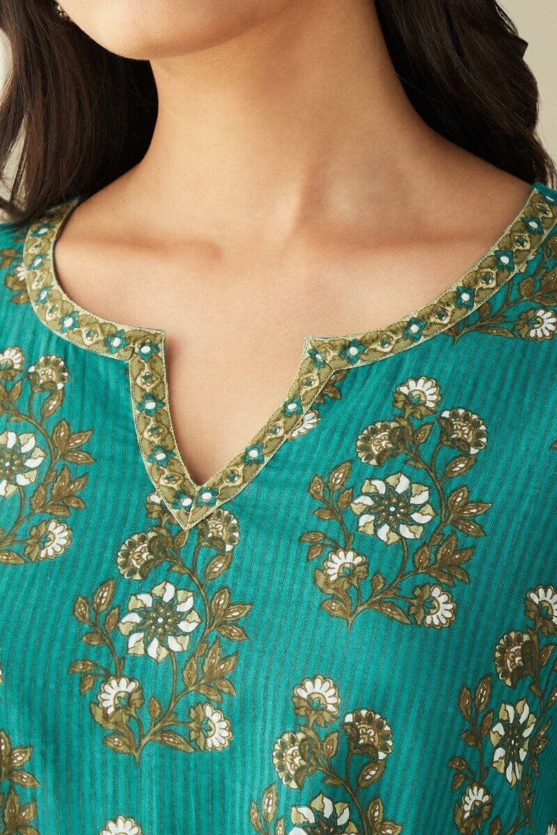 Teal Hand Printed Cotton Dobby Loungewear Set