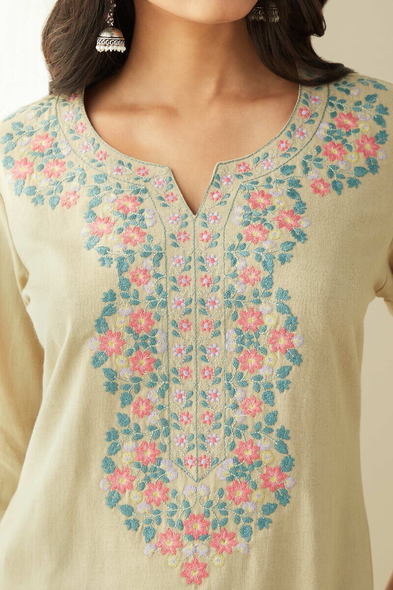 Beige Handcrafted Straight Cotton Flax Kurta
