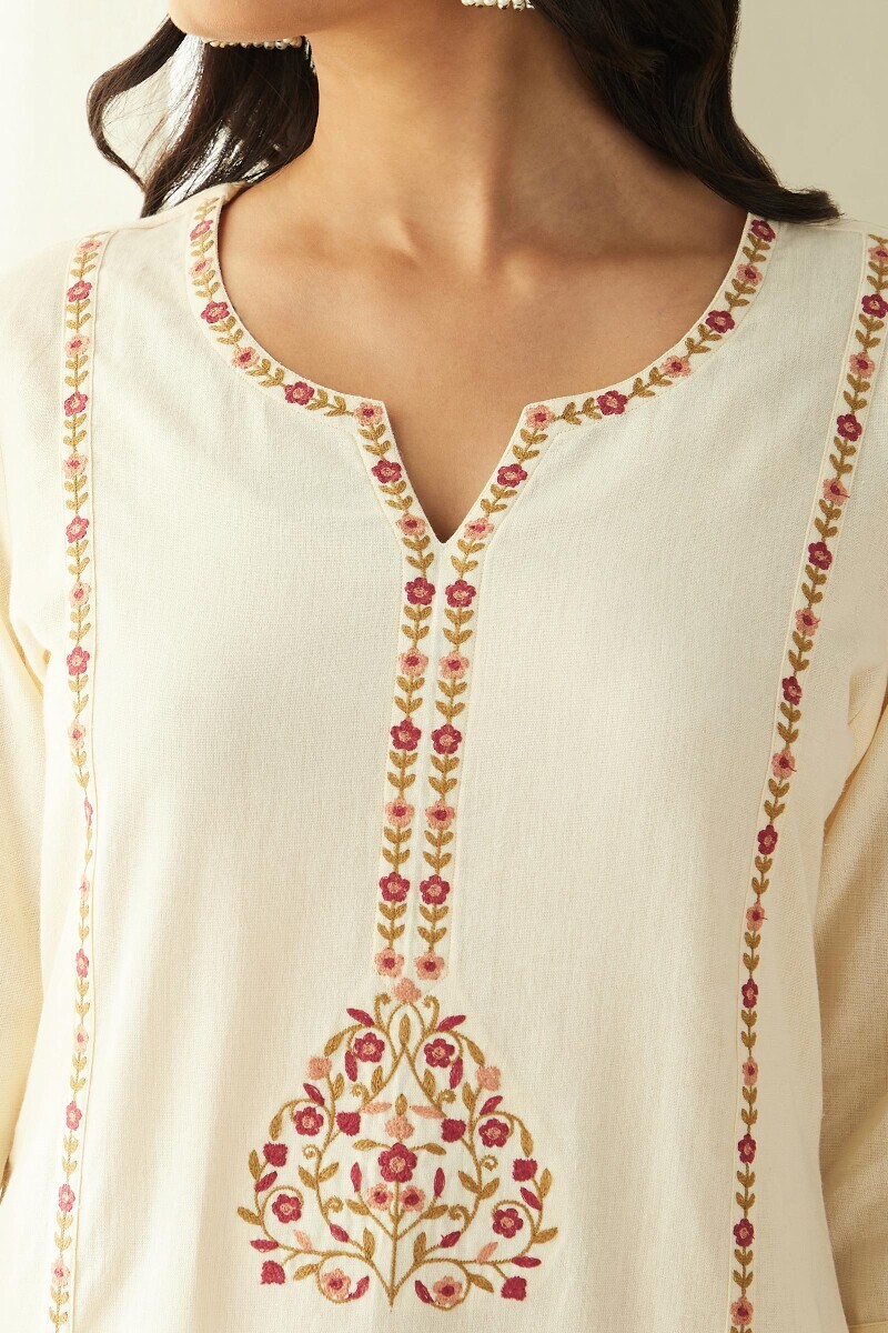 Cream Handcrafted Straight Cotton Flax Kurta
