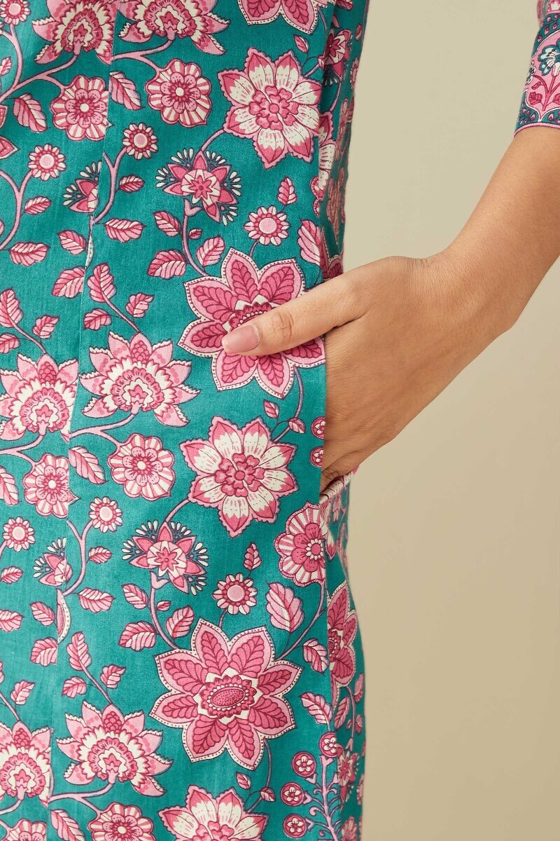 Green Hand Printed Cotton Kaftan