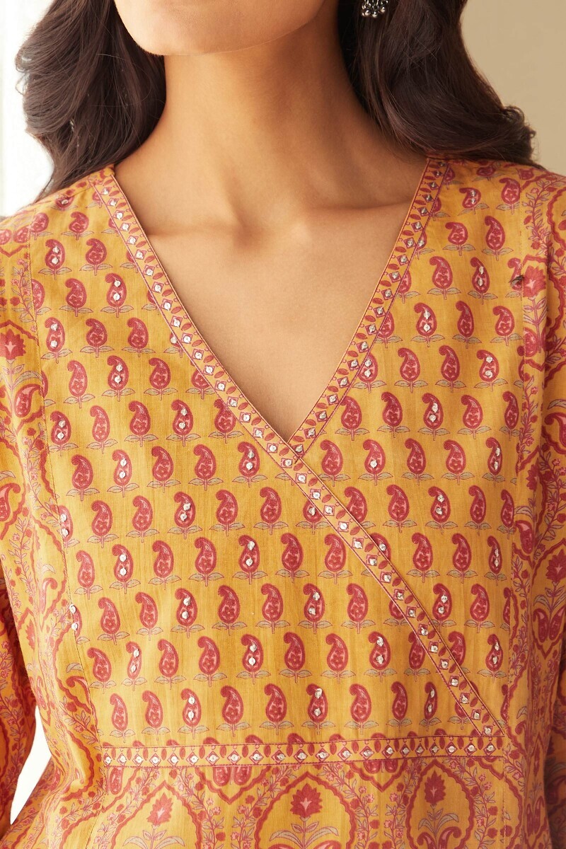 Mustard Hand Printed Straight Cotton Kurta