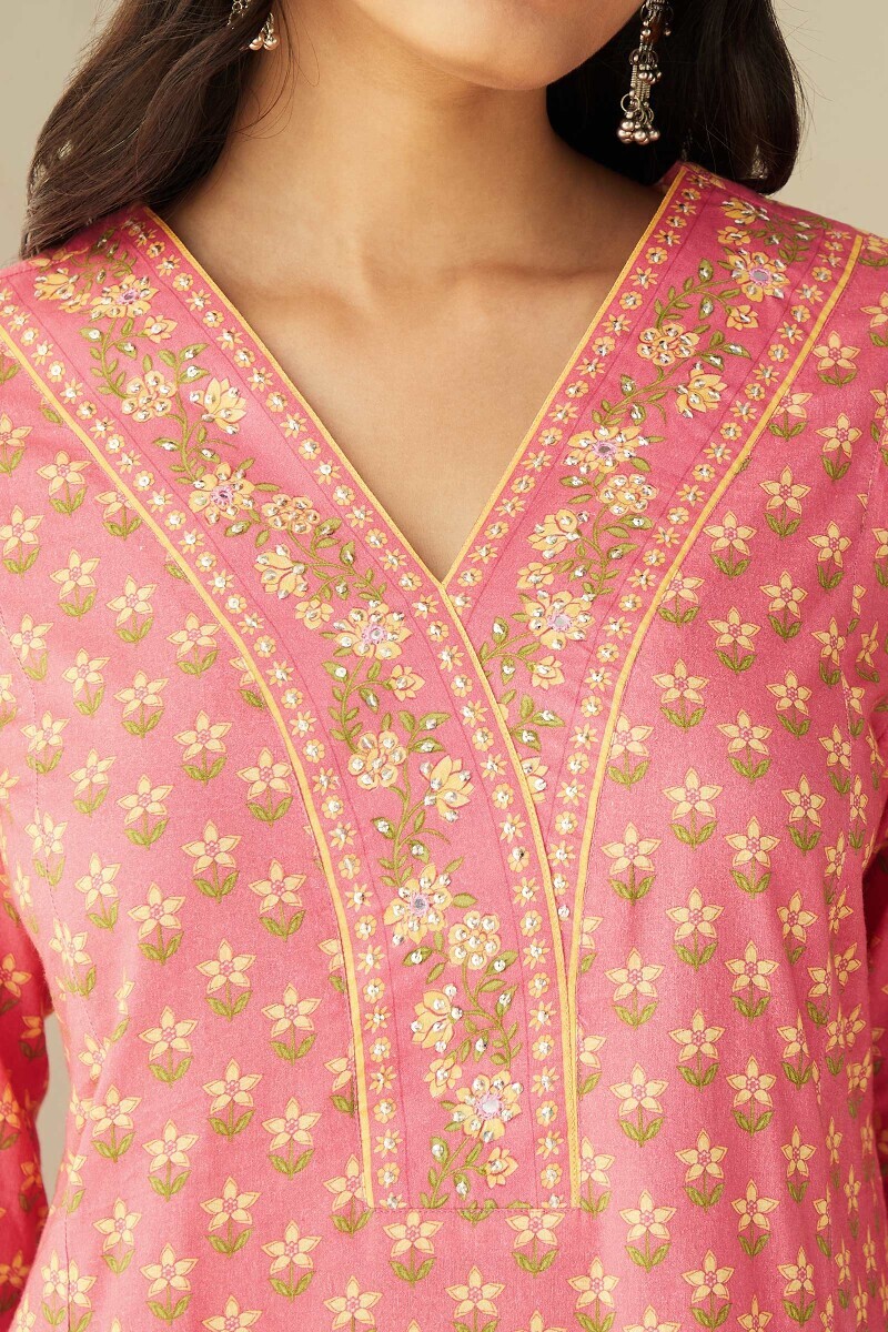 Pink Printed Straight Cotton Kurta