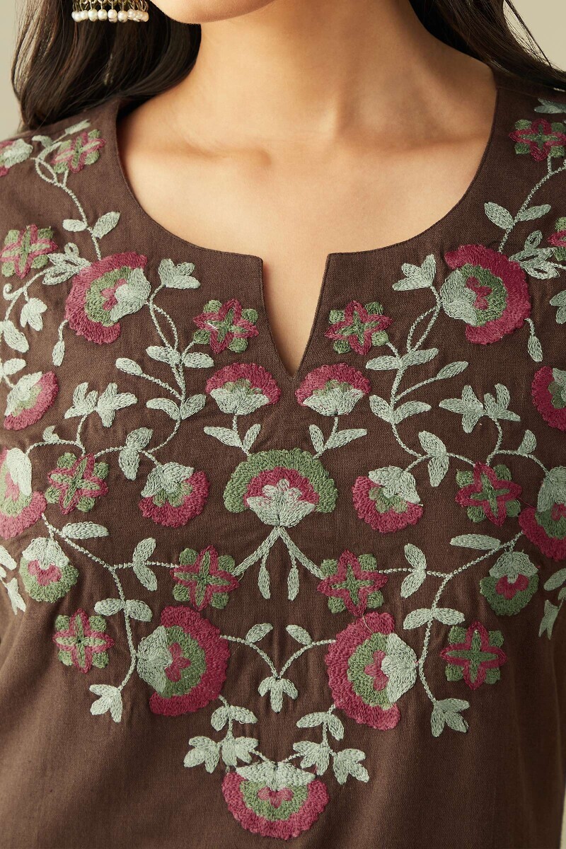 Brown Handcrafted Straight Cotton Flax Kurta