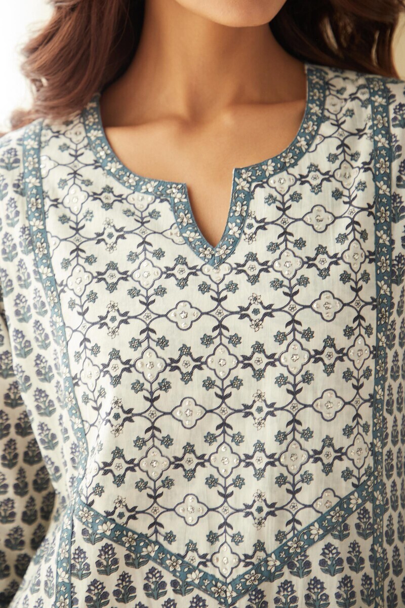 Off-White Hand Printed Straight Cotton Kurta