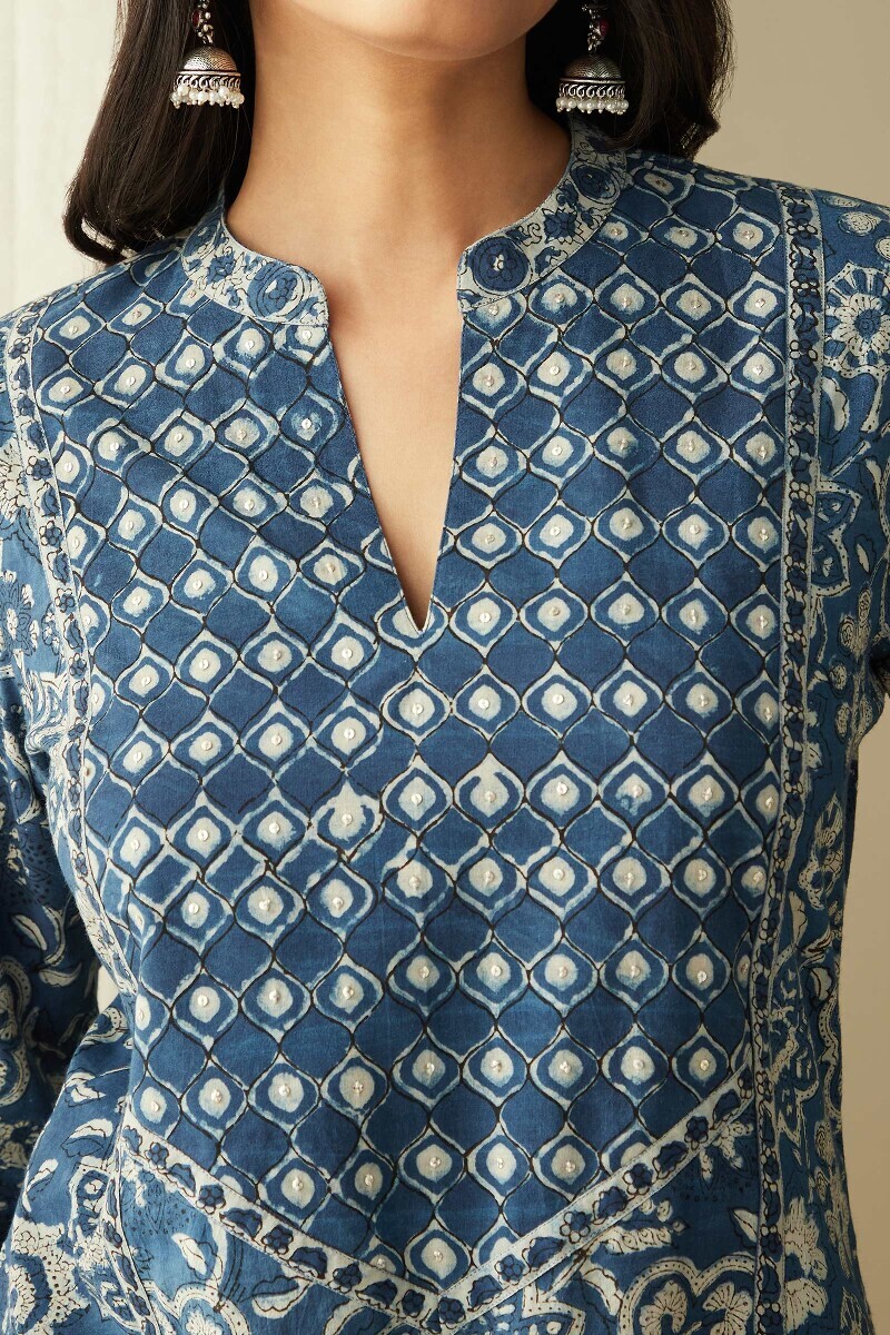 Indigo Hand Block-Printed Straight Cotton Kurta