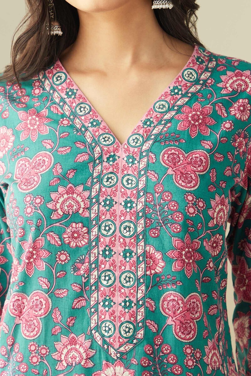 Green Hand Printed Straight Cotton Kurta