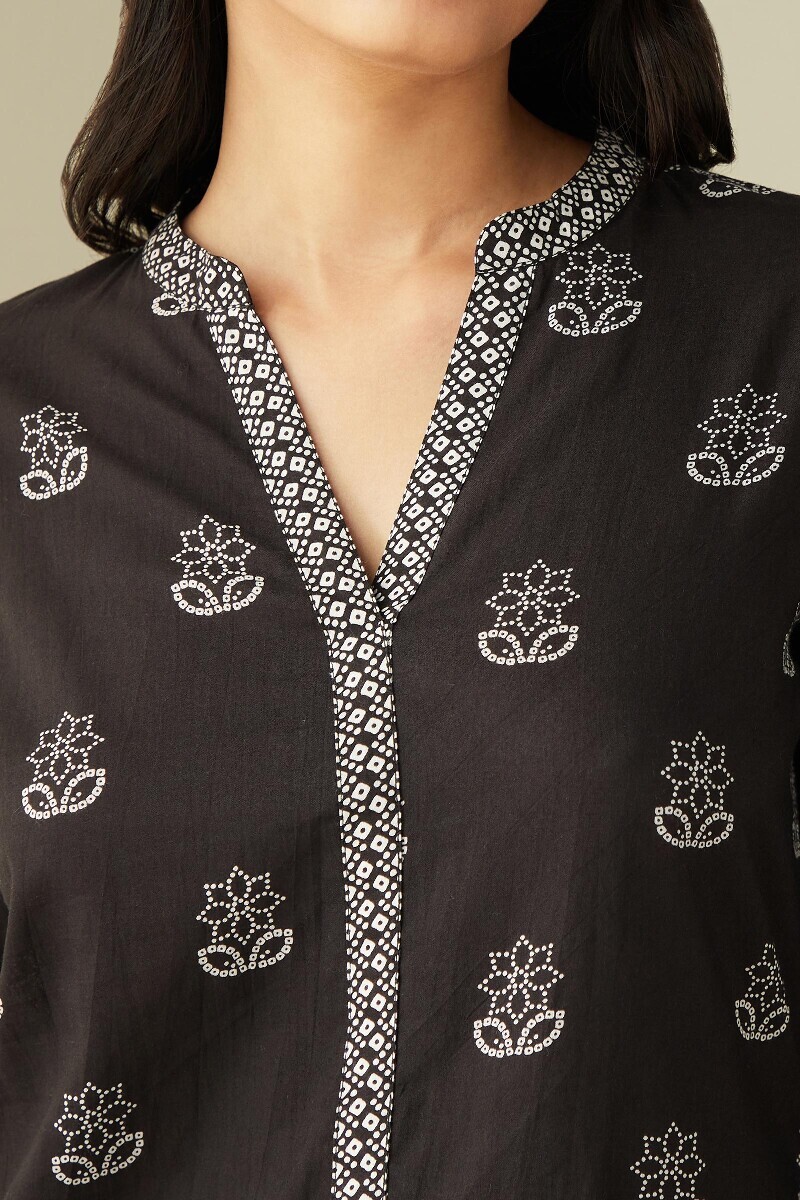 Black Hand Printed Cotton Loungewear Set