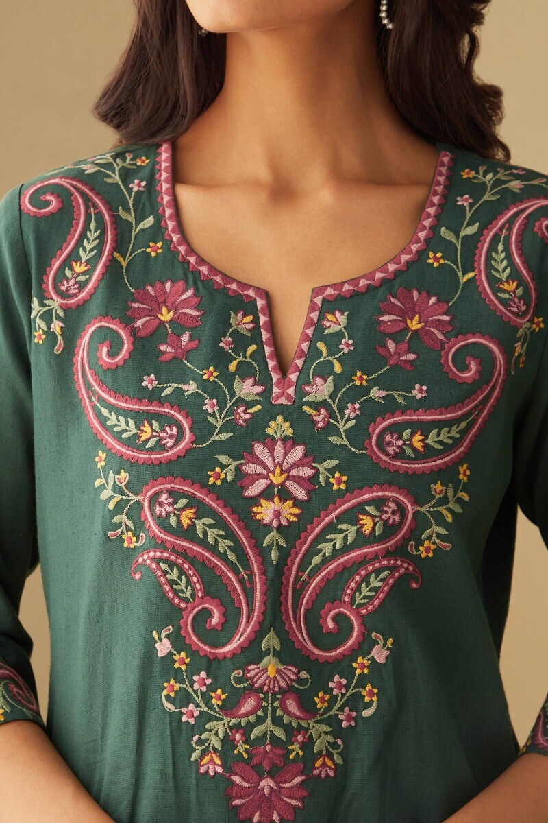 Green Handcrafted Straight Cotton Flax Kurta