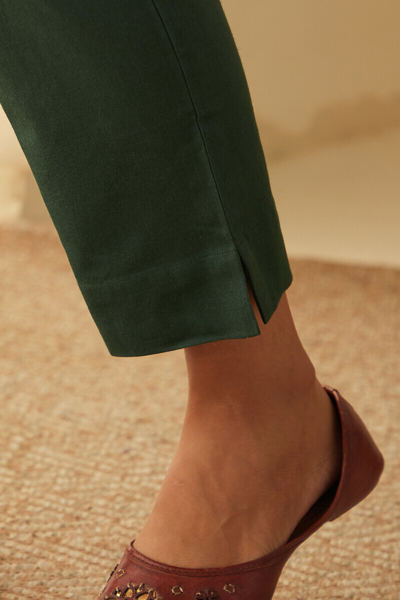 Green Handcrafted Cotton Flax Narrow Pants