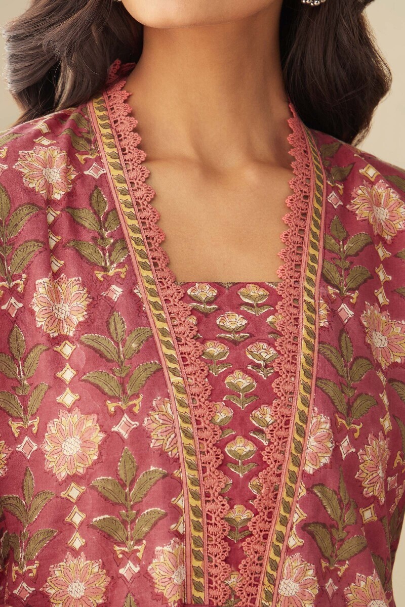 Pink Hand Block-Printed Straight Cotton Kurta