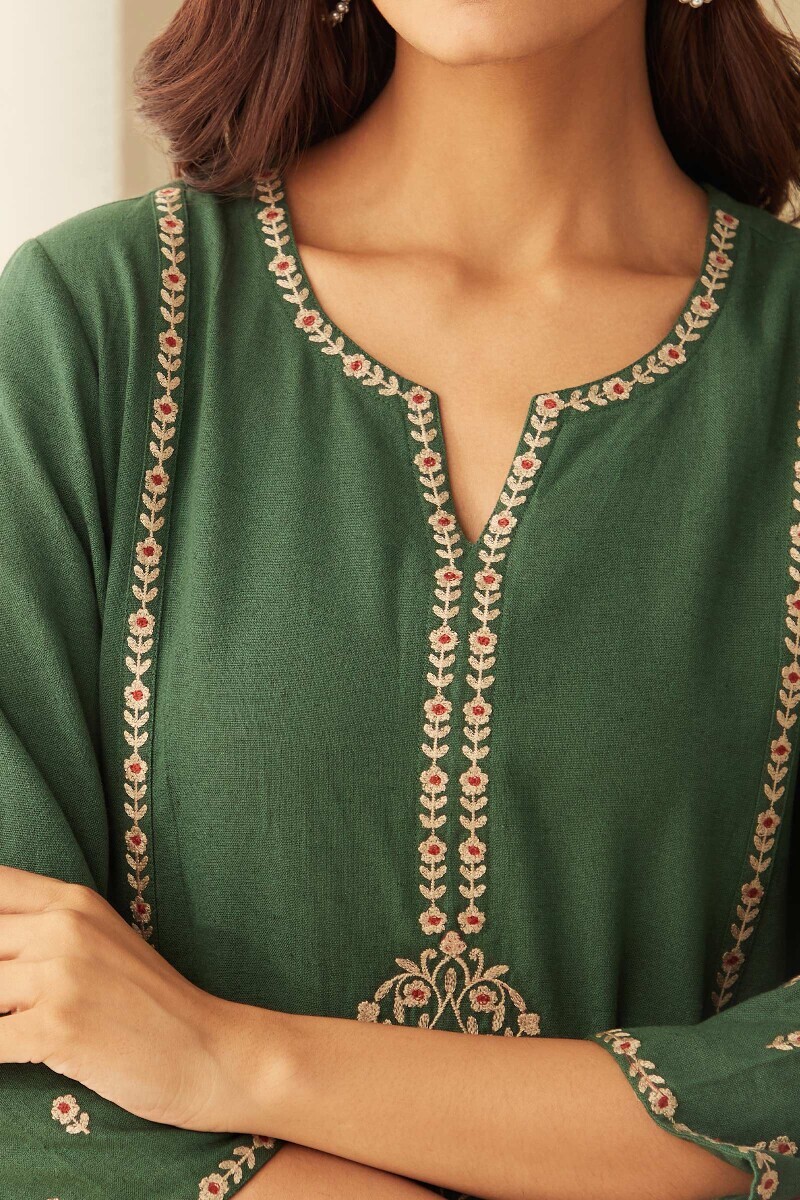 Green Handcrafted Straight Cotton Flax Kurta